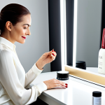 A sophisticated woman in her late 30s, dressed in a modest, elegant long-sleeved silk blouse, seated at a minimalist, light-colored vanity table in a modern, well-lit beauty studio. She is gently applying a deep red nail polish to her fingernails, with a small, subtle bottle, representing a high-end brand, visible nearby. Her posture is natural and composed, reflecting a moment of self-care and refinement. The scene emphasizes elegance and attention to personal grooming, depicted in a full body shot showing the overall setting. safe for work, appropriate content, fully clothed, professional dress, perfect anatomy, correct proportions, natural pose, well-formed hands, proper finger count, natural body proportions, high-quality photography, soft studio lighting.