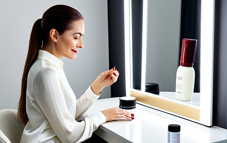 A sophisticated woman in her late 30s, dressed in a modest, elegant long-sleeved silk blouse, seated at a minimalist, light-colored vanity table in a modern, well-lit beauty studio. She is gently applying a deep red nail polish to her fingernails, with a small, subtle bottle, representing a high-end brand, visible nearby. Her posture is natural and composed, reflecting a moment of self-care and refinement. The scene emphasizes elegance and attention to personal grooming, depicted in a full body shot showing the overall setting. safe for work, appropriate content, fully clothed, professional dress, perfect anatomy, correct proportions, natural pose, well-formed hands, proper finger count, natural body proportions, high-quality photography, soft studio lighting.