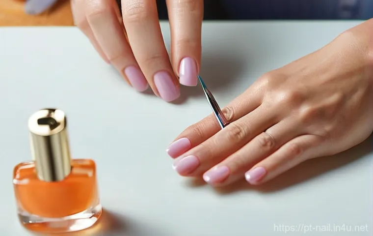 셀프 네일 필수 아이템 - **Prompt 1: The Art of Nail Preparation**
    "A close-up shot of a woman's hands meticulously perfo...