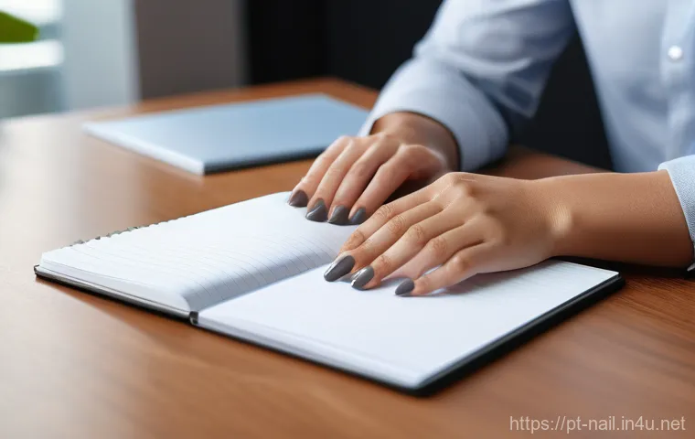 오피스룩에 어울리는 네일 컬러 - **Prompt 1: "Elegant Professional Nude Nails"**
    A close-up of a diverse pair of hands, showcasin...