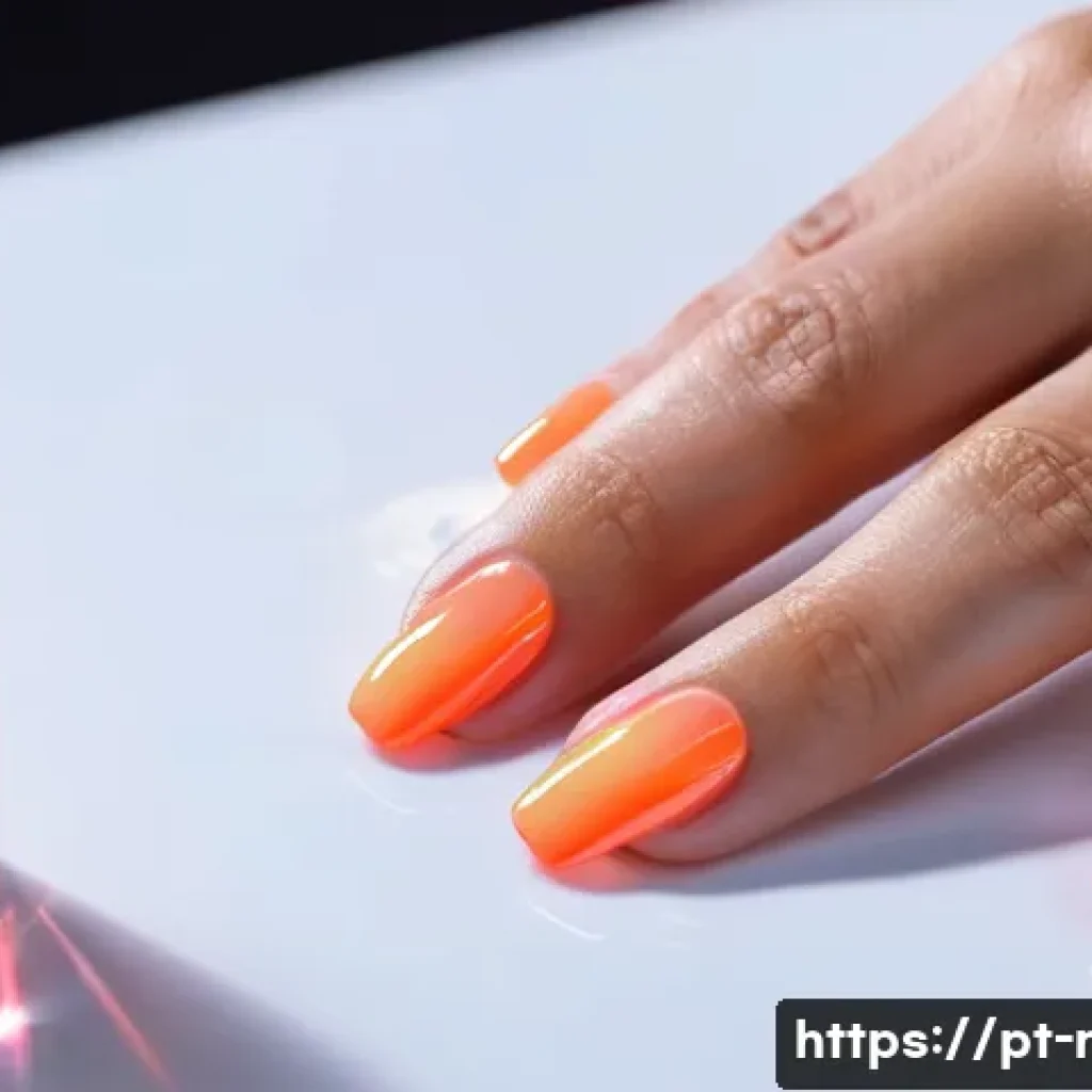 젤 네일 탑코트 고르는 법 - A close-up image of a professional manicure session focusing on applying a glossy gel top coat on we...