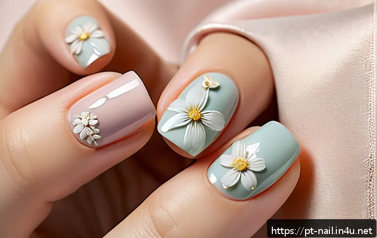 봄맞이 플라워 네일 디자인 - A close-up of a feminine hand displaying minimalist floral nail art, featuring small delicate flower...