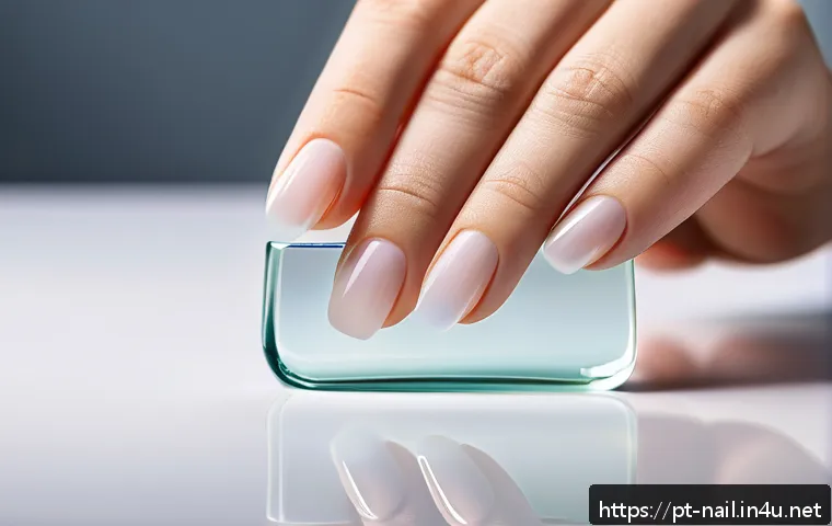 유리 손톱 파일과 메탈 파일 차이 - A close-up image of a delicate hand holding a smooth glass nail file, showing its sleek, translucent...