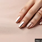 Home 19 로즈골드 네일 컬러 추천 - A close-up image of well-manicured female hands showcasing elegant rose gold nails with a metallic f...