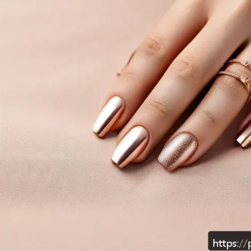 Home 31 로즈골드 네일 컬러 추천 - A close-up image of well-manicured female hands showcasing elegant rose gold nails with a metallic f...