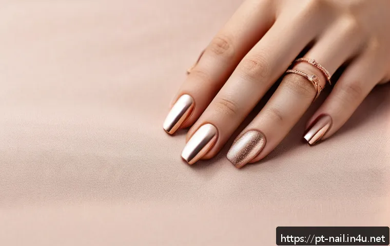 로즈골드 네일 컬러 추천 - A close-up image of well-manicured female hands showcasing elegant rose gold nails with a metallic f...