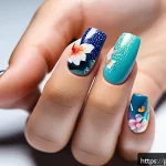 Home 23 네일 스티커와 필름 아트 차이 - A close-up of a stylish hand with neatly manicured nails showcasing a variety of colorful nail stick...