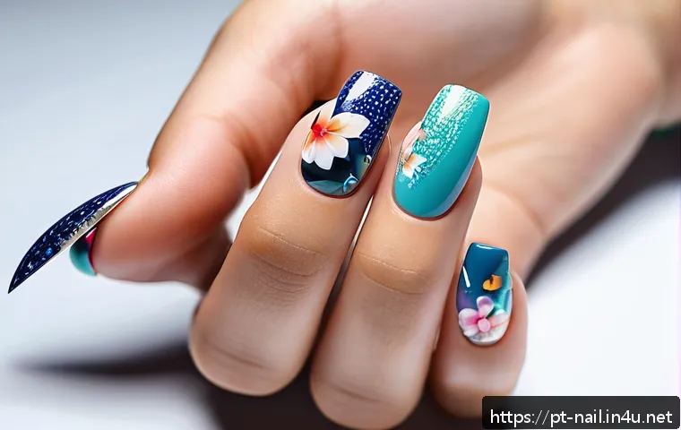 네일 스티커와 필름 아트 차이 - A close-up of a stylish hand with neatly manicured nails showcasing a variety of colorful nail stick...