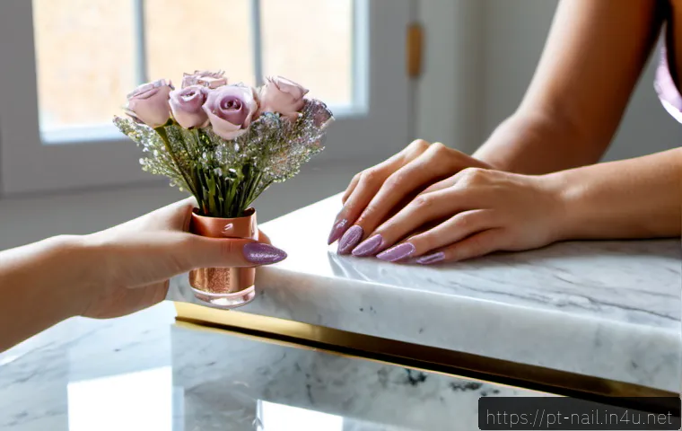 Home 17 반짝이는 글리터 젤 네일 추천 - Photorealistic beauty close-up of a well-groomed adult hand wearing elegant shimmering glitter gel n...